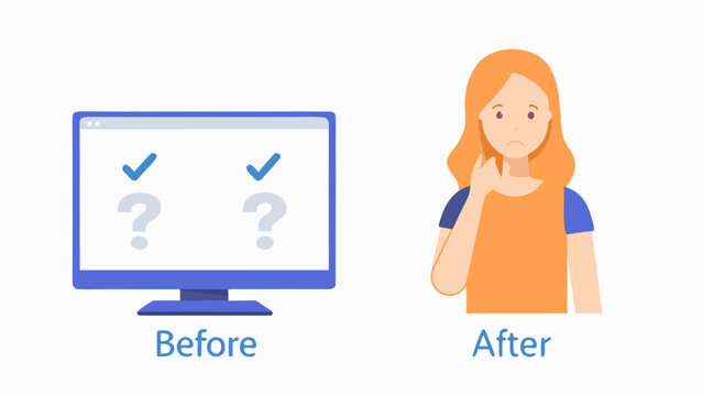 Confused woman looks at computer screen with question marks and checkmarks symbolizing uncertainty and decision making