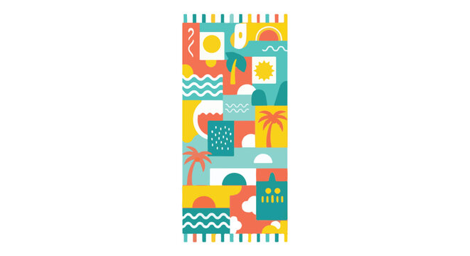 Vibrant geometric collage depicting sunny beach scenes with palm trees, wavy ocean lines, and abstract sun shapes in a cheerful coral, teal, and yellow palette.