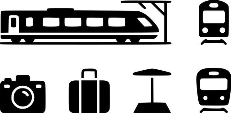 Set of train travel black icons and railway vector symbols, featuring electric passenger train on track, locomotive front view, suitcase baggage, camera, and platform elements.