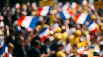 Obraz premium Blurred Crowd Waving French Flags at Tour de France Cycling