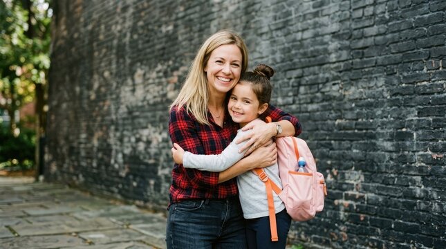 Back to school mother and daughter embrace with backpack first day of school excitement