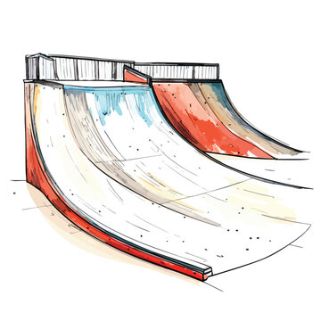 Hand drawn illustration of a skateboard half pipe ramp.