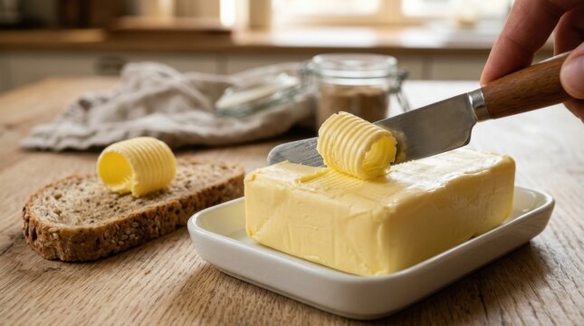Close up of a knife creating a delicate butter curl from a fresh block of butter, ready for whole grain bread on a wooden table.