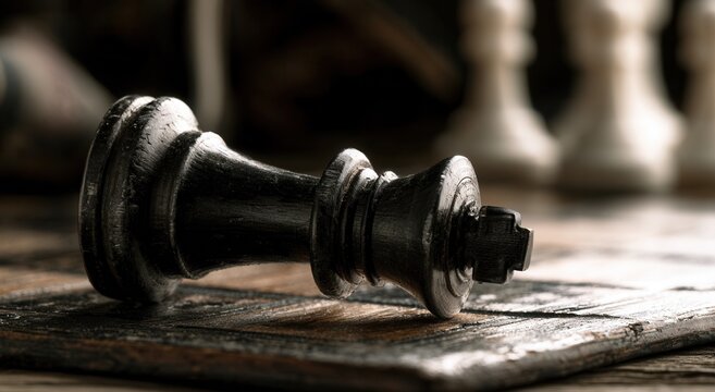 Chess piece lies on the board showing defeat in a game played at home during the evening