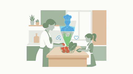 Fototapeta premium Smart digital interface featuring an AI Food assistant analyzing nutritional data for fresh salmon and kale