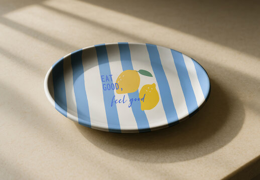 Blue Striped Oval Tray With Lemon Print And Cheerful Text