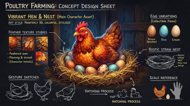 Detailed Concept Design Sheet of a Vibrant Hen and Nest with Eggs.