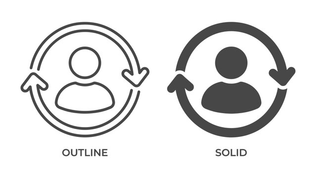 User persona icon and circle arrows. A graphic showing two person icons inside circles with arrows. One is outline and other is solid shape.