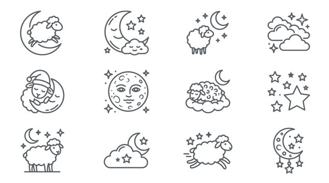 Sleepy sheep in nightcaps line art icons