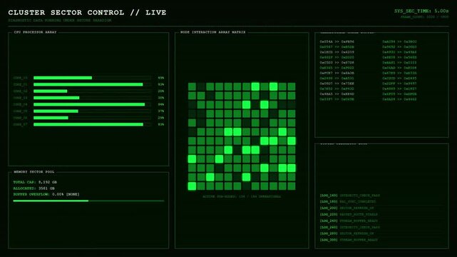 Cluster Sector Control CPU Processor Array Node Interaction Matrix Dashboard Animation Green Loop.