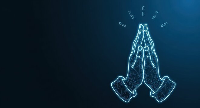 Digital prayer hands glowing with neon blue light, symbolizing faith and hope in a futuristic concept
