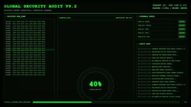 Global Security Audit Firewall Ports Registry Hex Dump Dashboard Animation Green Cyber Loop.