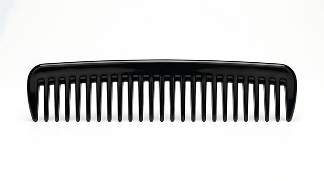 A single black plastic comb with wide teeth lies on a plain white surface.