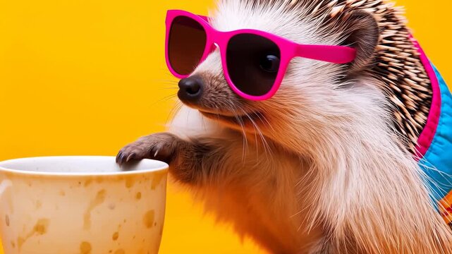 Hedgehog wearing pink sunglasses leans against a coffee cup on a bright orange background, showcasing a playful and whimsical scene with vibrant colors and textures