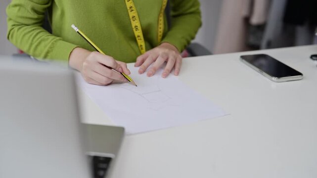 Fashion designer drawing sketches on paper at desk