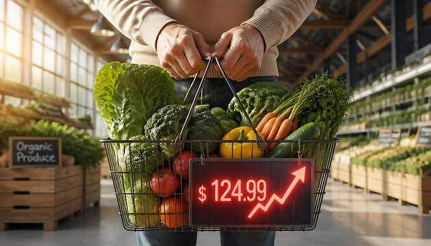  Person holding fresh vegetable basket with glowing red price tag and rising arrow for global food inflation and high cost of living