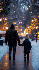 Fototapeta premium Father and his child hold hands while walking down beautiful snow-covered street illuminated by warm, glowing golden fairy lights during magical winter evening stroll.