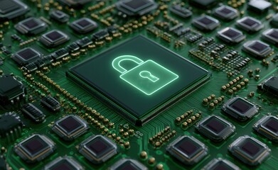 Fototapeta premium Digital security icon on a circuit board shows encryption and technology in a modern setting