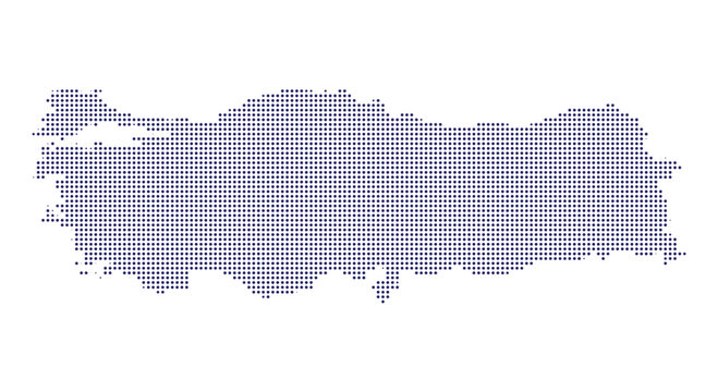 Turkey map outline composed of small blue dots isolated on a halftone dots map