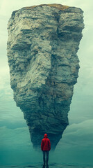 Fototapeta premium Solitary hiker in red jacket stands before massive, towering rock formation amidst surreal, misty landscape, symbolizing wonder, scale, and adventurous spirit of exploration