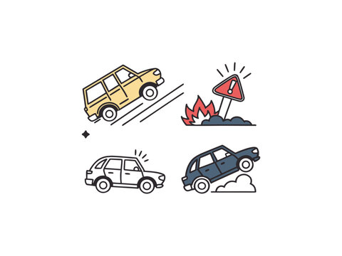 Cars crashing and burning with warning sign on roadside  accidents happen  safety first