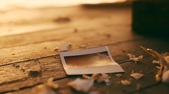 Nostalgic vintage polaroid evoking memories on weathered wood bathed in soft golden light