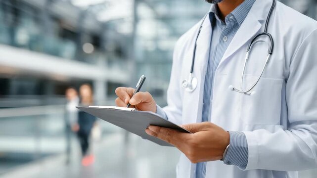 Male physician with stethoscope fills out paperwork in bright clinical environment, focusing on patient care. Medical professional demonstrates responsibility and expertise in healthcare setting