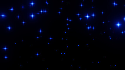 Blue neon glowing particles and stars floating on black background © AMBIKA