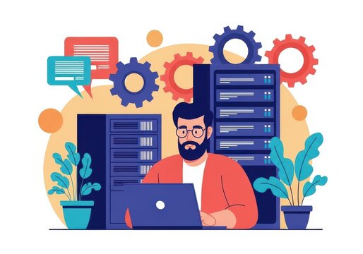 Flat vector illustration of IT specialist working on server maintenance