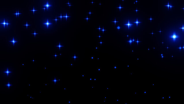 Blue neon glowing particles and stars floating on black background