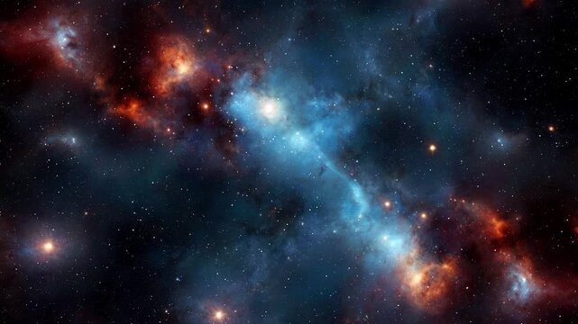Vast starfield swirls with cosmic blues and fiery oranges. Distant stars pierce the deep, dark space. Celestial clouds glow with ancient, radiant light. Galactic dust dances through the void