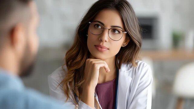 A young woman doctor with glasses and a white coat engages thoughtfully with a patient, highlighting trust and expertise. The scene reflects contemporary healthcare and empathy