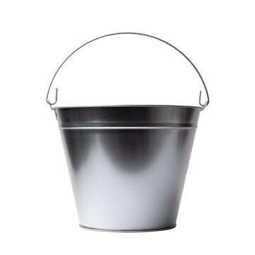 Zinc plated, metal, 10 liters bucket isolated on transparent background. Front view.