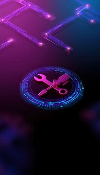 Modern technology tools on a digital background during night time with bright colors and circuit design