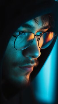 A young man with glasses and a hoodie is captured in dramatic neon lighting, blending blue and orange tones. The close up shot highlights his contemplative mood and urban style