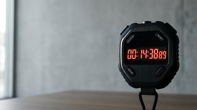 Black digital stopwatch with red led display on wooden table