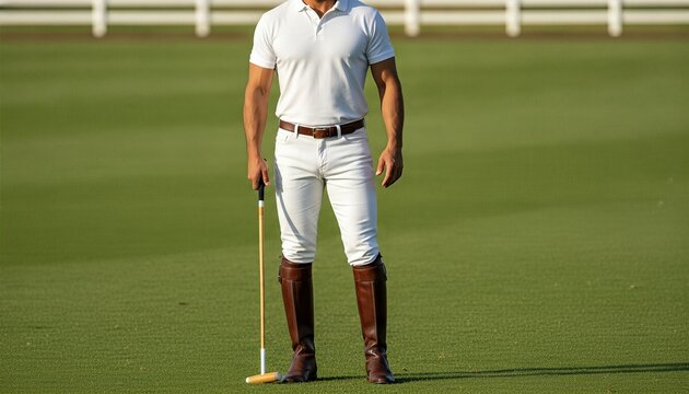 Athletic man wearing blank white polo shirt holding a mallet on a sunlit polo field