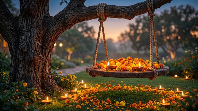 Beautiful Teej festival decoration with illuminated clay diyas and marigold flowers on wooden tree swing in garden