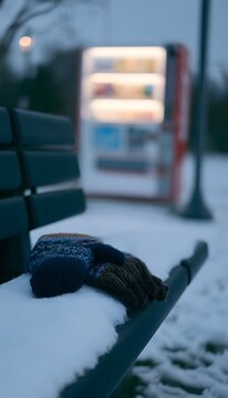 Quiet winter scene knitted gloves on a bench evoke peaceful moments of cozy reflection and gentle solitude