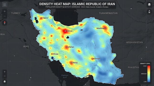 Advanced heatmap visualization of Iran population density and activity.