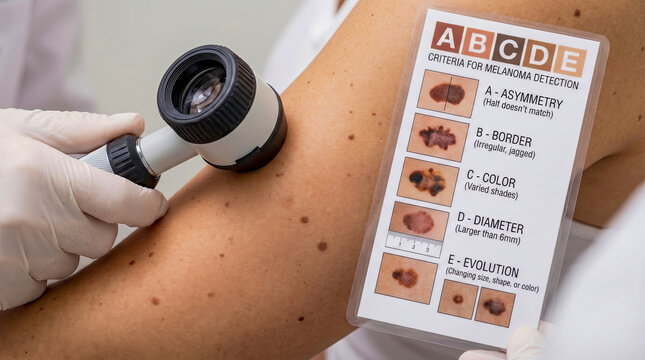 Professional Dermatologist Performing Skin Cancer Screening Using Dermatoscope and ABCDE Melanoma Detection Educational Chart to Examine Moles and Pigmented Spots on Patient's Arm