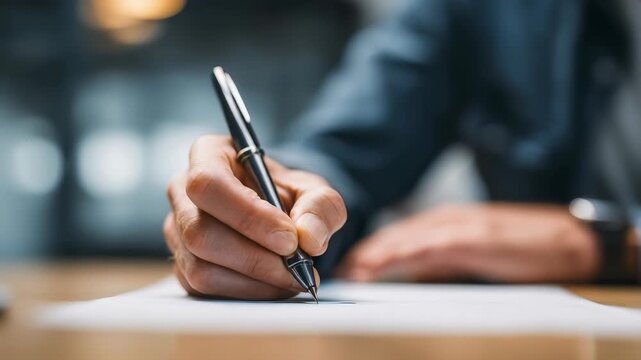 A detailed view of a hand holding a pen and writing on a sheet of paper, symbolizing productivity and focus. The scene captures a contemporary office or study setting
