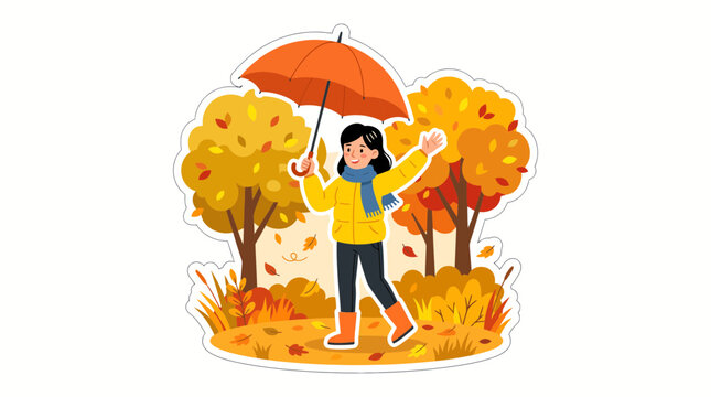 Autumn illustration of a happy woman dancing with an umbrella in a colorful fall landscape