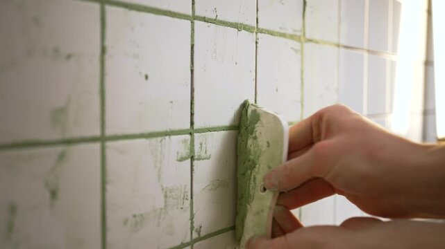 Detail of a construction worker's hands applying green grout to the joints between white ceramic tiles on a wall, finishing the surface with a special trowel during a home improvement project