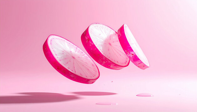Hochwertige Studio-Produktfotografie von d&uuml;nnen Radieschenscheiben schwebend im Raum, monochrome pastellrosa Farbpalette, einfarbiger matter rosa Hintergrund, weiche Schatten