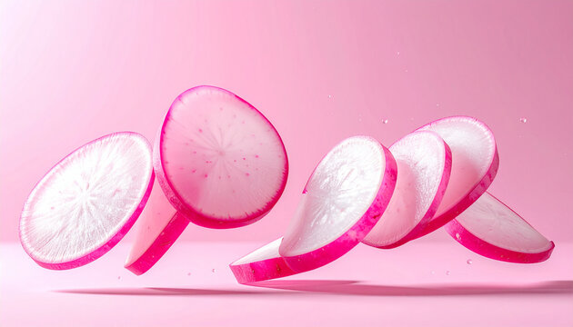 Hochwertige Studio-Produktfotografie von d&uuml;nnen Radieschenscheiben schwebend im Raum, monochrome pastellrosa Farbpalette, einfarbiger matter rosa Hintergrund, weiche Schatten