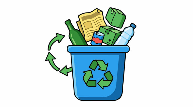 Blue bin overflowing with recyclable items and a recycling symbol