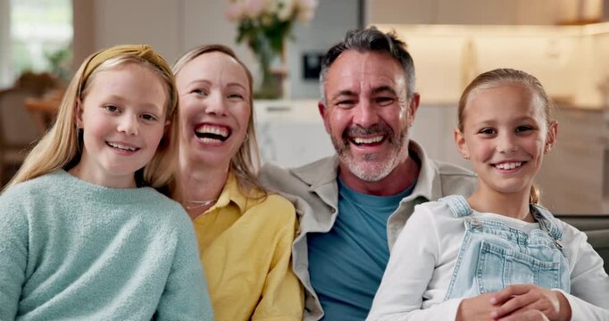Face, parents and children laughing in family home with love, happiness and connection together. Portrait, mother and father with kids on sofa in living room, care and bonding with funny sisters