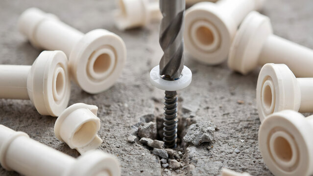 Industrial metal drill bit creating a hole in concrete with plastic spacers