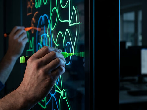 Collaborative Professional Team Developing Creative Strategy Using Fluorescent Markers on Interactive Digital Glass Board